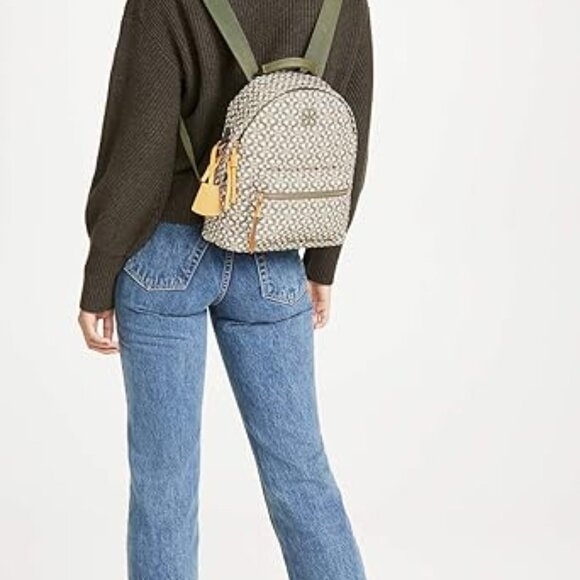 RARE Tory Burch Piper Bag Printed Backpack Green Gemini Link Satin Quilt Lined - Picture 4 of 5